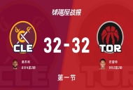 骑士vs猛龙:首节结束,骑士32-32猛龙,巴雷特得到9分